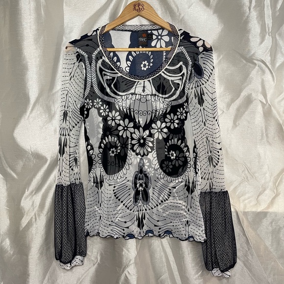 Anac Tops - ANAC x Kimi VTG y2k Retro Mesh Lettuce Hem Long Bell Sleeve Graphic Print Top